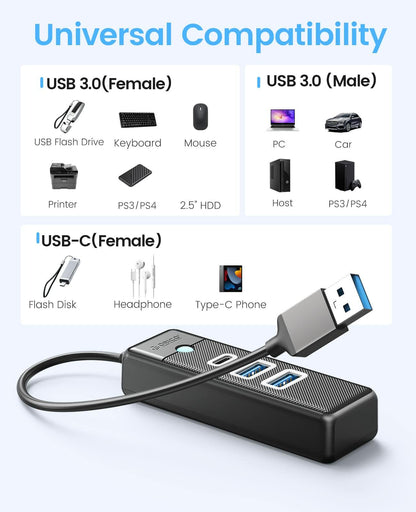 ORICO 4-Port USB 3.0 Hub with 0.49ft Cable Blue Fast Data Transfer