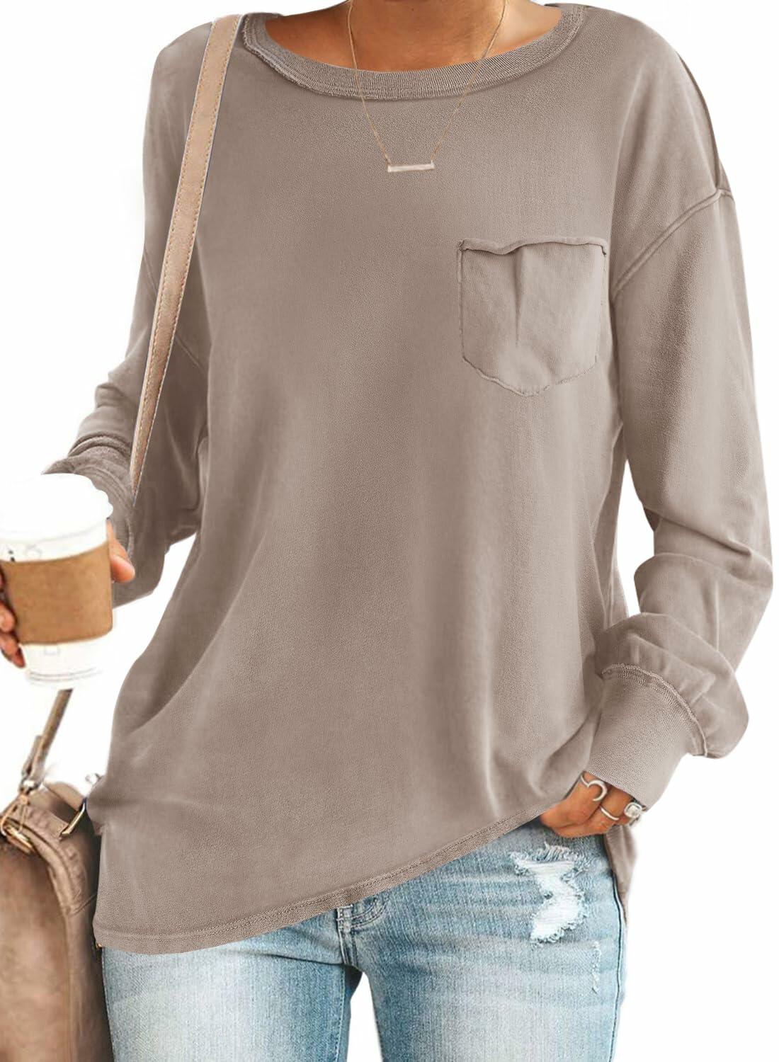 SENSERISE Womens Crewneck Sweatshirt Long Sleeve Pockets Khaki Size L