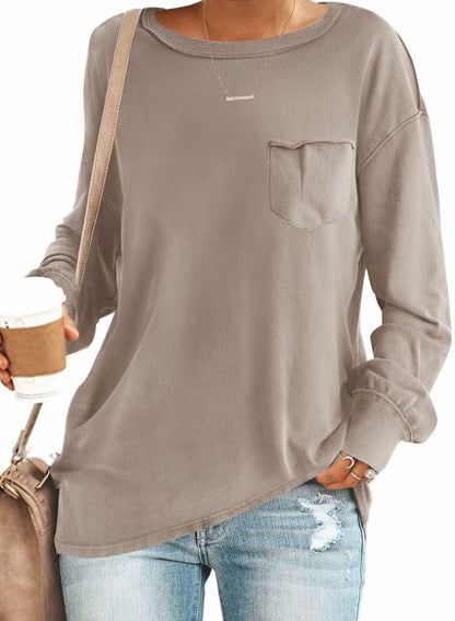 SENSERISE Womens Crewneck Sweatshirt Long Sleeve Pockets Khaki Size L