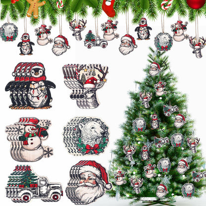 Syhood Vintage Wooden Christmas Ornaments 24 Pcs Snowman Santa Elk Bear