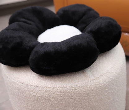 Flower Pouf Ottoman Full Foam 18x15 Inch Ivory Black Floor Pouf
