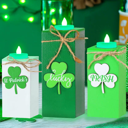 3 Pack St. Patrick's Day Flameless Tea Light Candles Shamrock Design Green