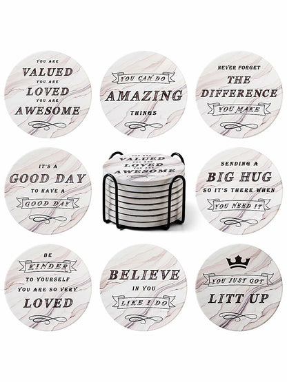 White Elephant Marble Ceramic Drink Coasters Set of 8 with Holder