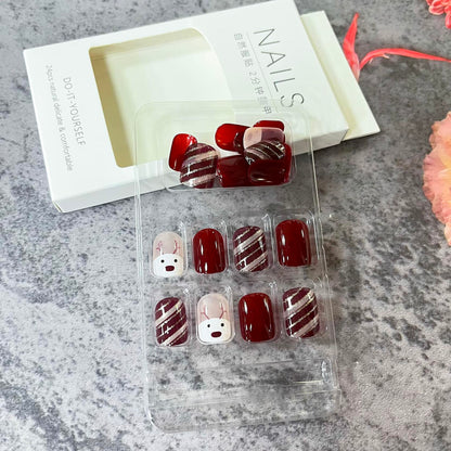 Christmas Acrylic Press On Nails Short Square Red Full Cover Cute Elk Glitter