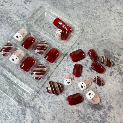 Christmas Acrylic Press On Nails Short Square Red Full Cover Cute Elk Glitter
