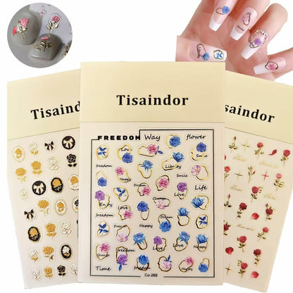 Tisaindor 5D Embossed Flower Nail Art Stickers 3 Sheets Rose Colorful