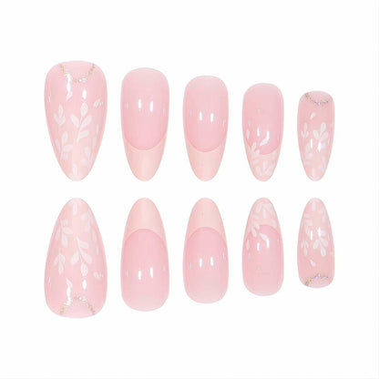 RUOKEXIN Pink Press On Nails Medium Almond French White Tip Glitter Leaves