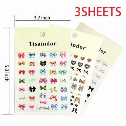 Tisaindor 5D Embossed Bow Nail Art Stickers 3 Sheets Colorful Self Adhesive