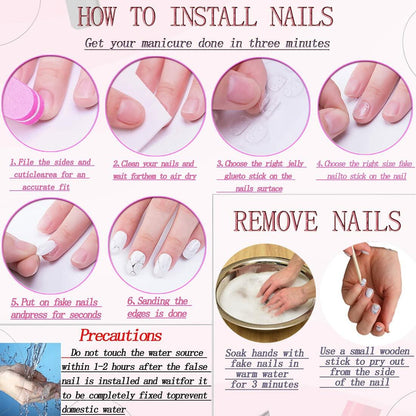 RUOKEXIN Pink Press On Nails Medium Almond French White Tip Glitter Leaves