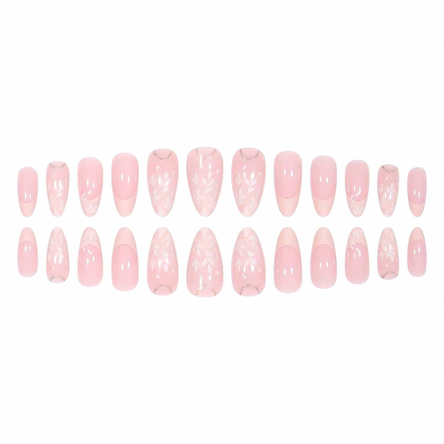 RUOKEXIN Pink Press On Nails Medium Almond French White Tip Glitter Leaves