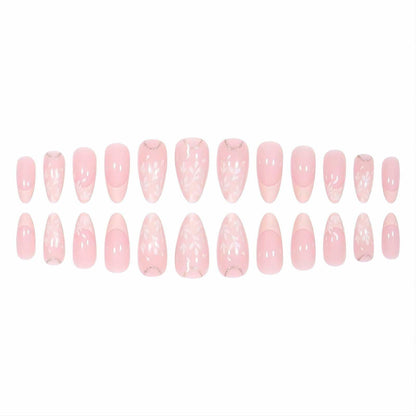 RUOKEXIN Pink Press On Nails Medium Almond French White Tip Glitter Leaves