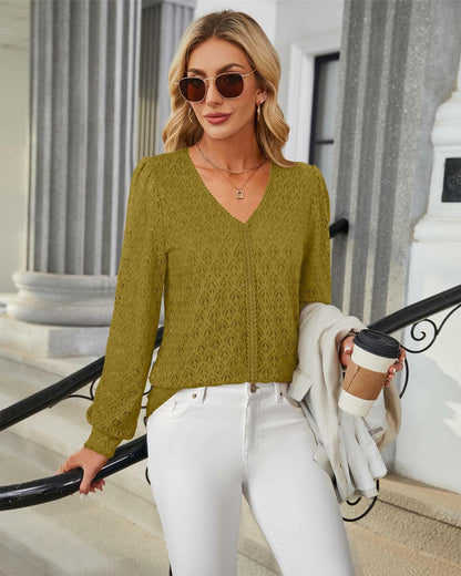 Timeson Women's Lace Knit V Neck Long Sleeve Shirt Green Size XL