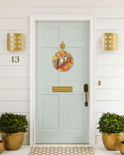 Amoxx Wooden Door Sign Owl Fall Wreath 10in Amber Orange Maple Leaves
