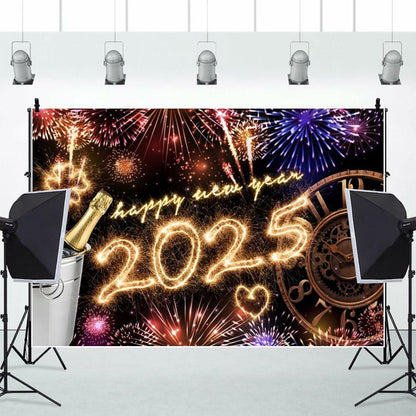 New Year 2025 Backdrop 10x8ft Champagne Clock Firework Photo Booth