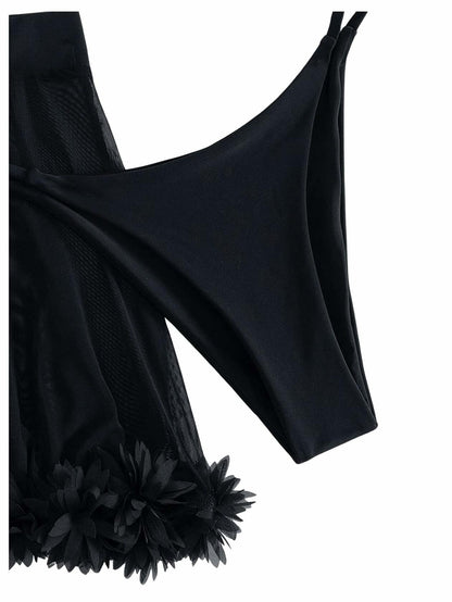 OYOANGLE Women's 3-Piece Halter Triangle Bikini Swimsuit Mesh Skirt Black M