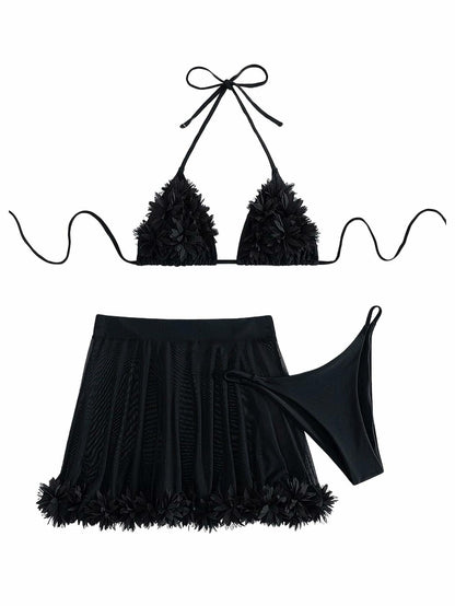 OYOANGLE Women's 3-Piece Halter Triangle Bikini Swimsuit Mesh Skirt Black M