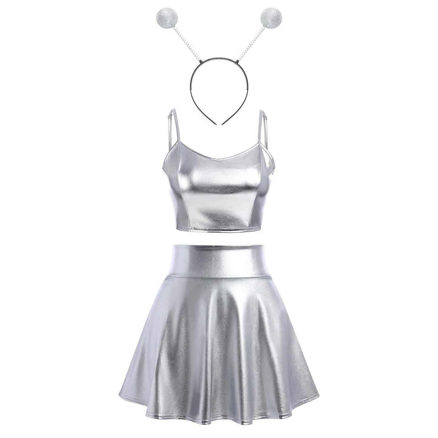 Alien Costume Women Metallic Crop Top Skirt Headband Silver Size 2XL
