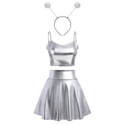 Alien Costume Women Metallic Crop Top Skirt Headband Silver Size 2XL