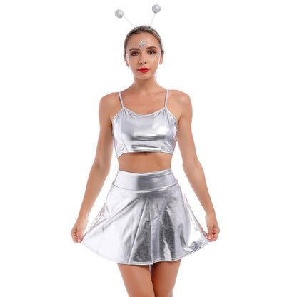 Alien Costume Women Metallic Crop Top Skirt Headband Silver Size 2XL