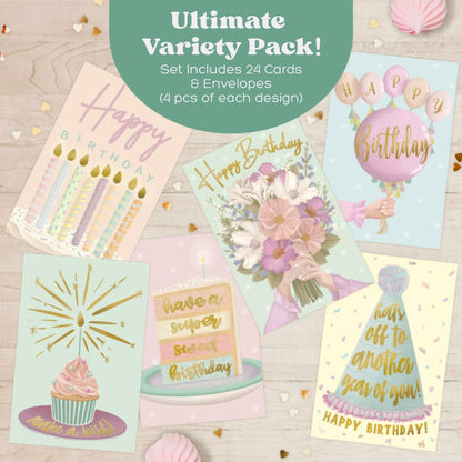 Birthday Cards Assortment Women Gold Foil 4x6 Envelopes 24 Pack