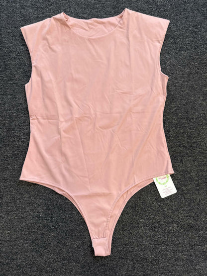 Women Sleeveless Pads Shoulder Bodycon Bodysuit Tank Top Pink Size XL