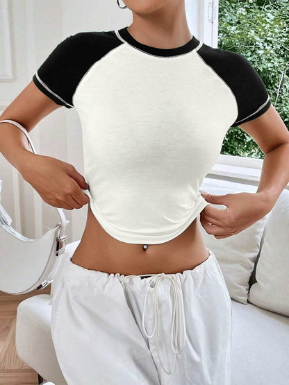 Women's Short Sleeve Crewneck Slim Fit White with Black Sleeve T Shirt Size XL