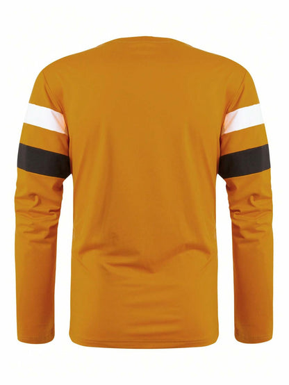 COZYEASE Men's Color Block Striped Long Sleeve Tee Mustard Yellow Size XL