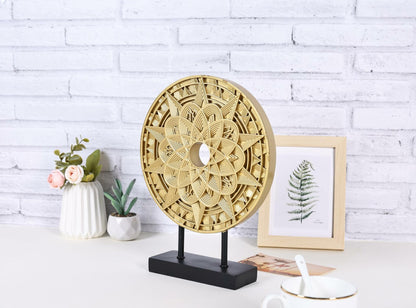 Geometric Mandala Sculpture Black Gold Round Art Decor for Shelf Table Office