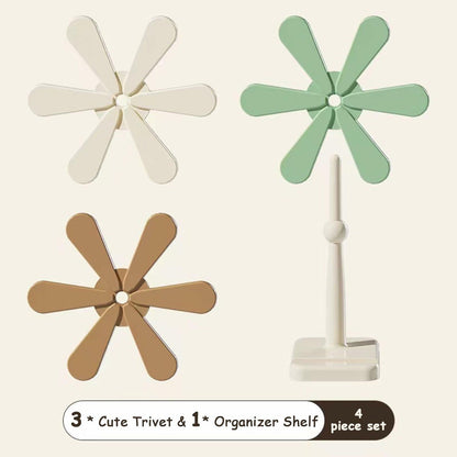 Silicone Trivets for Hot Dishes 3 Tree Coasters + 1 Foldable Stand Green