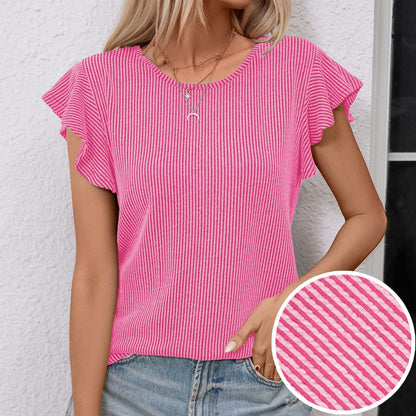 levaca Womens Ribbed Ruffle Short Sleeve Top Blue Size L