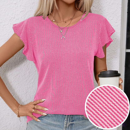 levaca Womens Ribbed Ruffle Short Sleeve Top Blue Size L