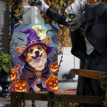 Happy Halloween Garden Flag Witch Hat Corgi Polyester 12x18 Inch Double Sided