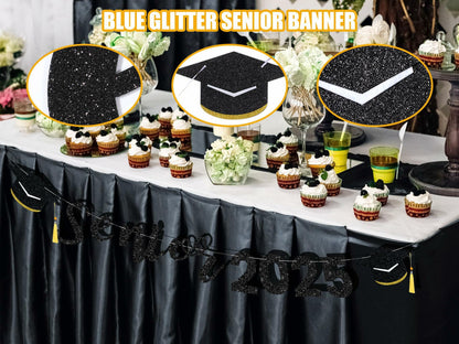 Oudain Glitter Senior 2025 Graduation Cap Banner Congrats Grad Blue