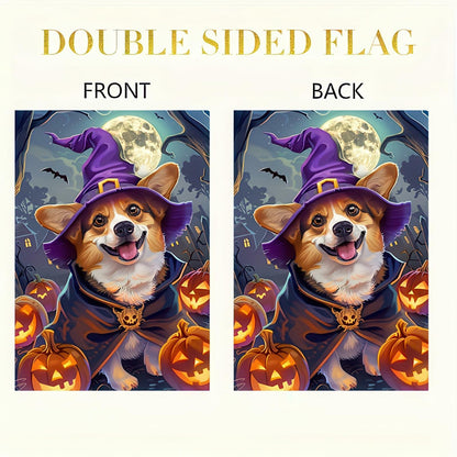 Happy Halloween Garden Flag Witch Hat Corgi Polyester 12x18 Inch Double Sided