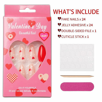 Valentine's Day Short Almond Fake Nails Red Heart White Dots 24Pcs