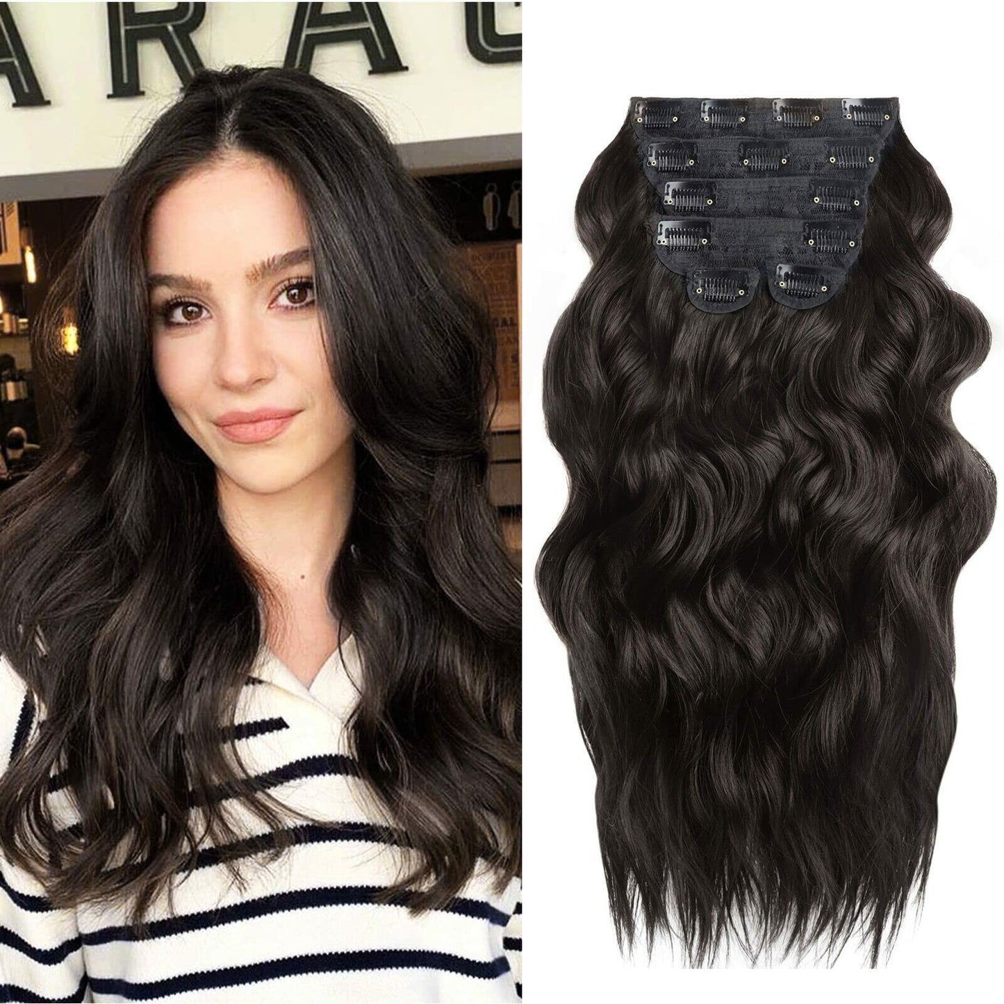 BHF 20in Wavy Clip In Synthetic Hair Extensions Full Head 6pcs Dark Brown