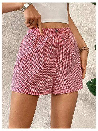 Verdusa Women's Plaid Print Elastic Waist Casual Shorts Red White Size S