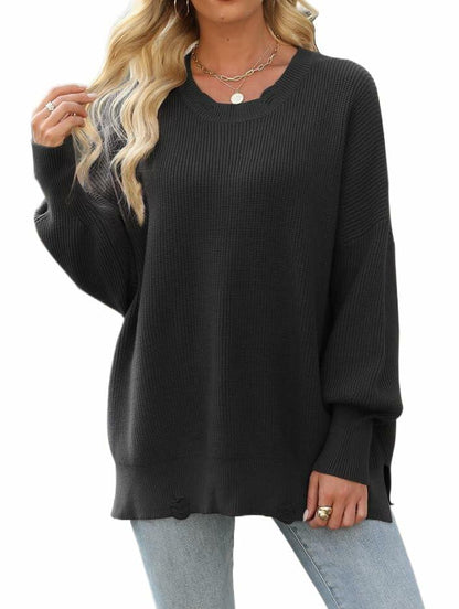 Women’s 2024 Fall Oversized Ripped Knit Sweater White Pullover Top Size M