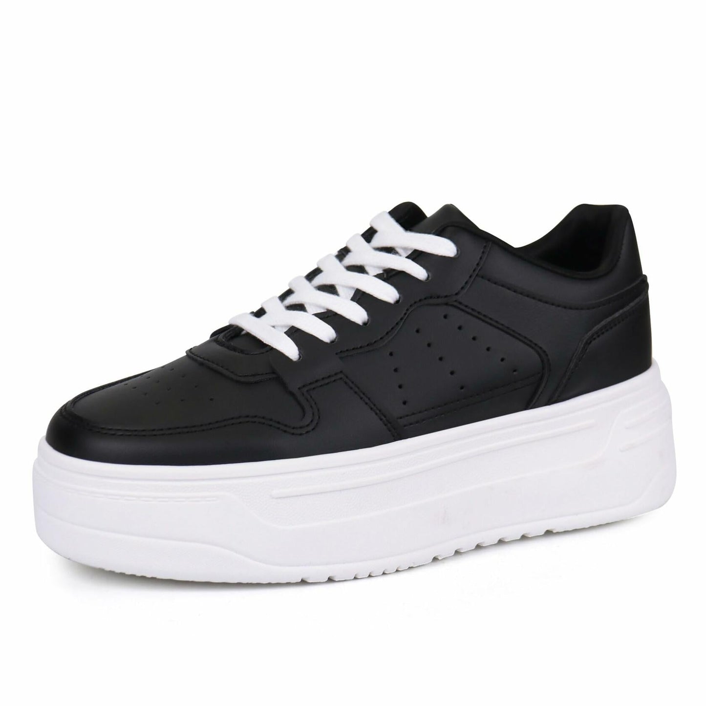 JABASIC Women Platform Sneakers Low Top Lace Up Walking Shoes Black Size 7