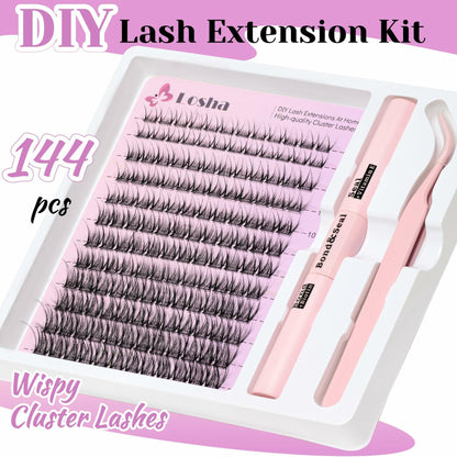 Losha Lash Extension Kit 144pcs Wispy Clusters 8-16mm C Curl Natural