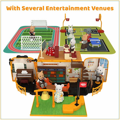 Kids Dollhouse Playset Portable School Bus with 46 Accessories Multicolor