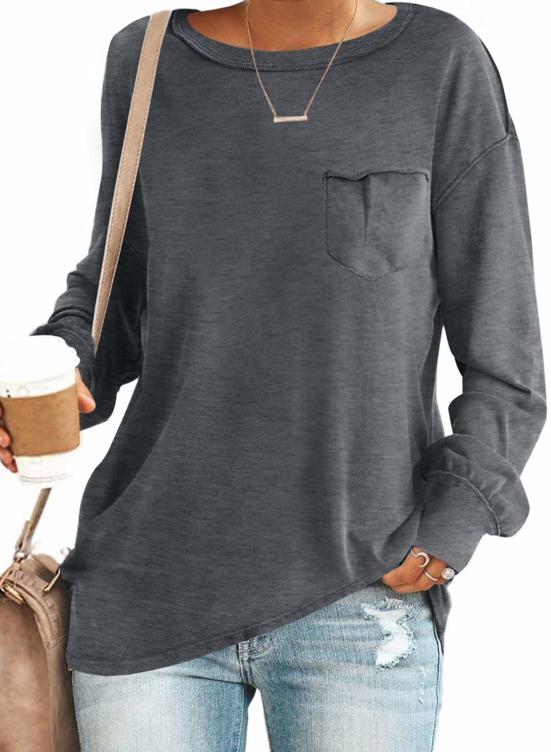 Women’s Crewneck Sweatshirt Long Sleeve Loose Fit Top w/ Pockets Dark Grey S