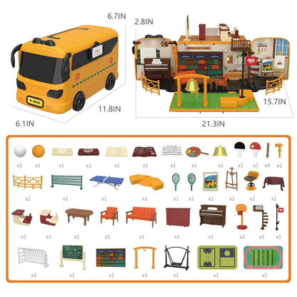 Kids Dollhouse Playset Portable School Bus with 46 Accessories Multicolor