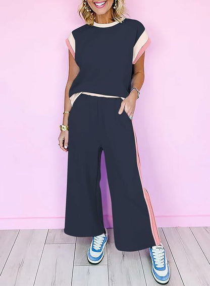 SHEWIN 2PC Women's Lounge Set Short Sleeve Top Wide Leg Pants Navy Blue Size S