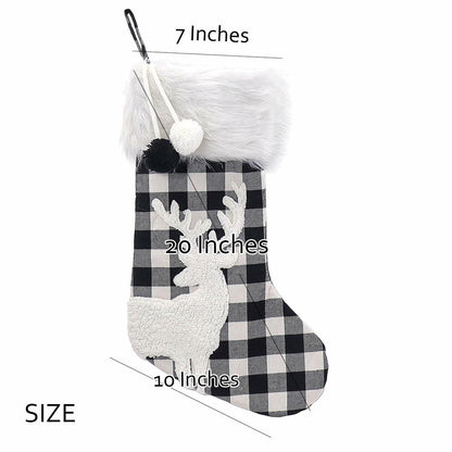 USILAND Christmas Stocking 20in Buffalo Check Pom Pom Faux Fur Black White