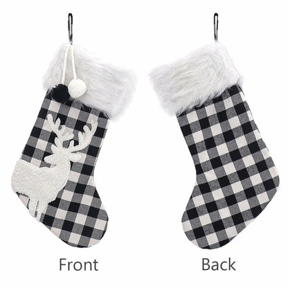 USILAND Christmas Stocking 20in Buffalo Check Pom Pom Faux Fur Black White