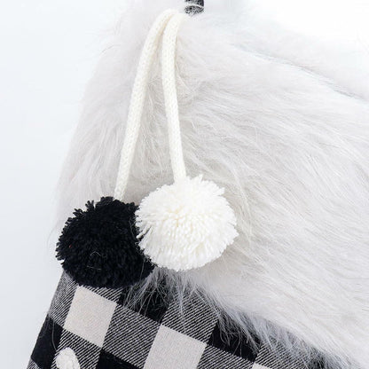 USILAND Christmas Stocking 20in Buffalo Check Pom Pom Faux Fur Black White