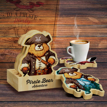 Pirate Bamboo Coasters Set with Holder Rustic Home Decor 6pcs
