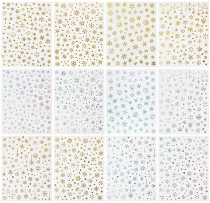 12 Sheets 3D Snowflake Nail Art Stickers Holographic Laser Gold Silver Xmas