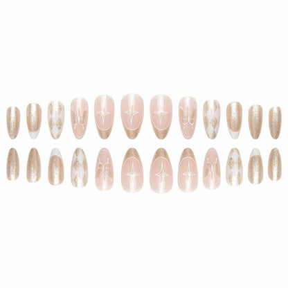 Vokupoga Press On Nails French Tip Medium Pink White Glitter 24Pcs